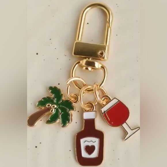 BAG CHARM A Bottle, A Glass of Wine Palm tree Keychain - Picture 2 of 5